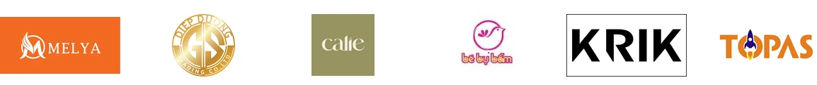 Logo khách hàng: Melya, Diệp Dương GS, Calie, Bé by Bấm, Krik, Topas